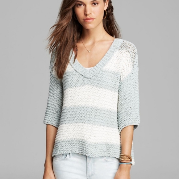 Free People Park Slope Mint & Ivory Striped Oversized Slouchy Hi-Low Sweater, XS - Picture 4 of 16
